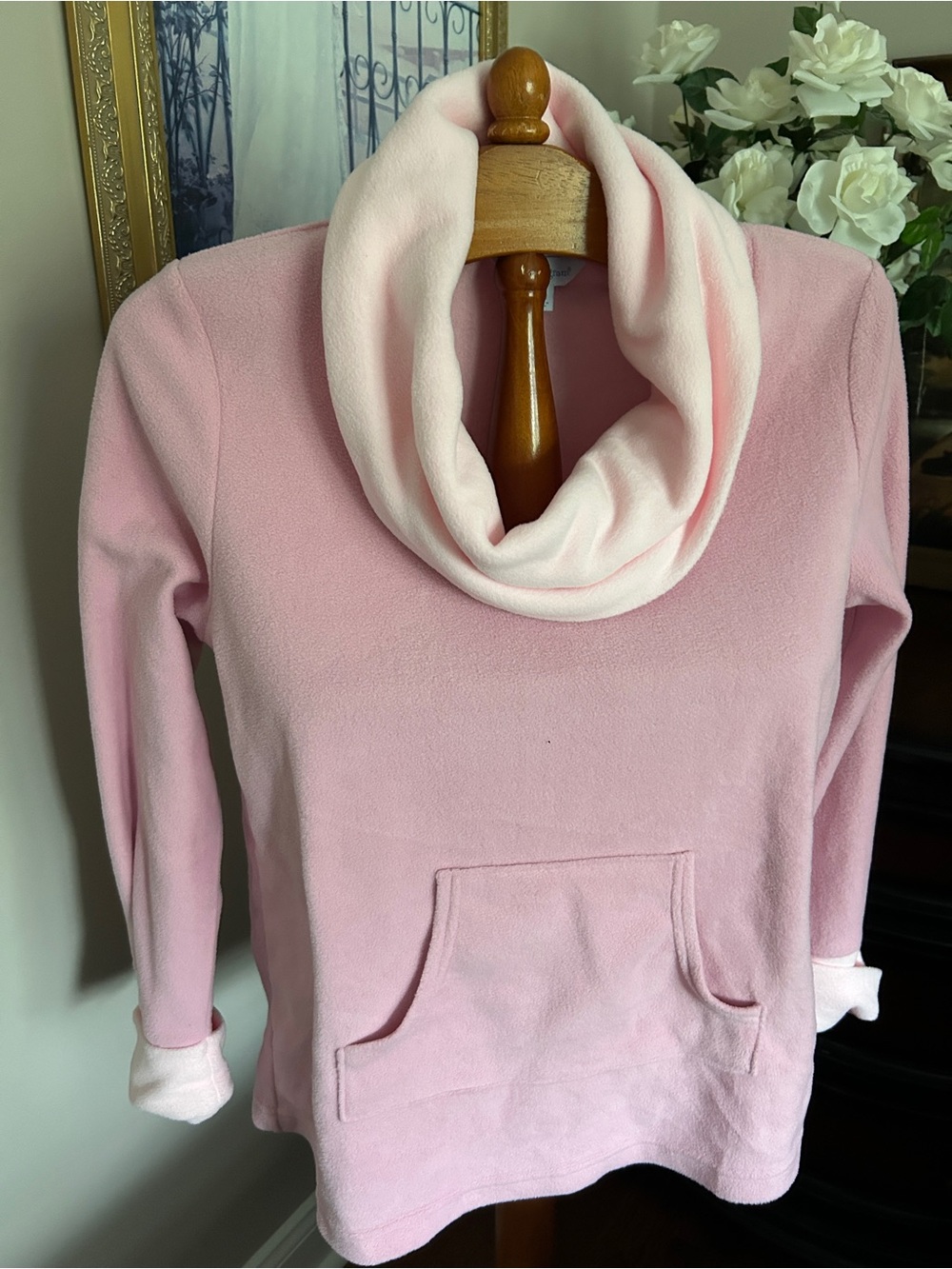 Pajamagram Women's Pink Cowl Neck Pullover Top Front Pocket Sz SM.Soft!